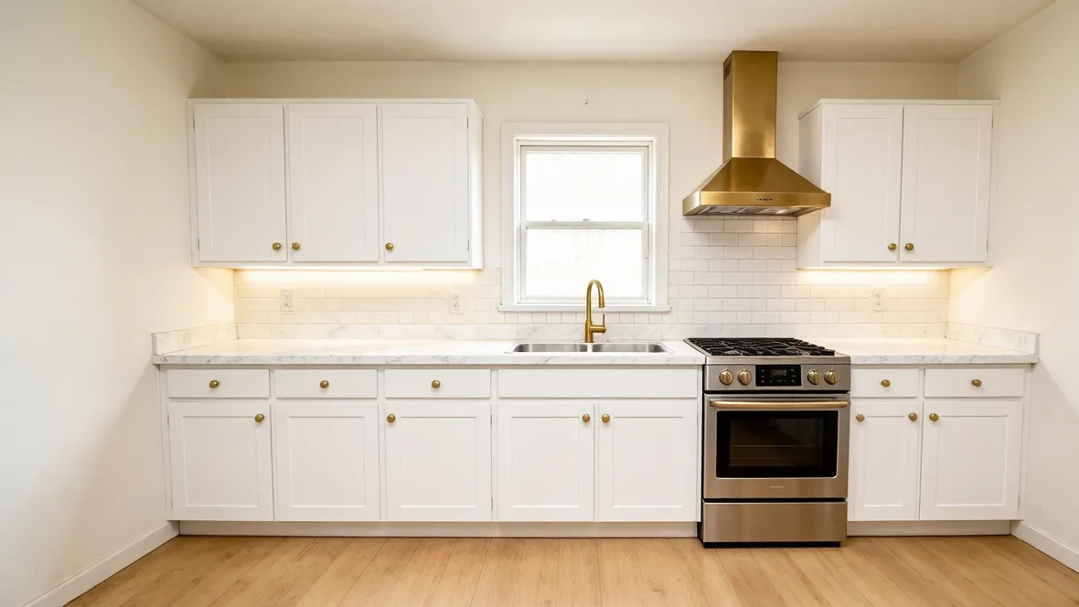 Finished kitchen concept showing warm cabinetry and coordinated surfaces.