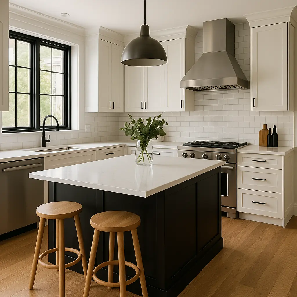 Compact contemporary kitchen with a practical island and coordinated finishes.