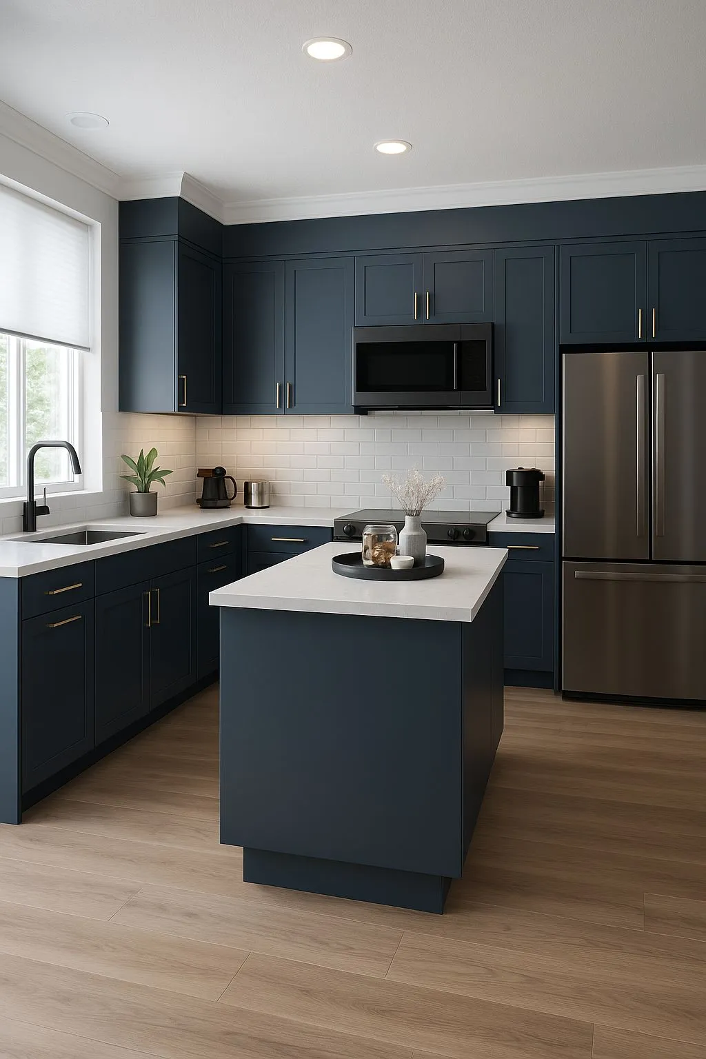 Home kitchen concept with deep blue cabinets and lighter worktops.