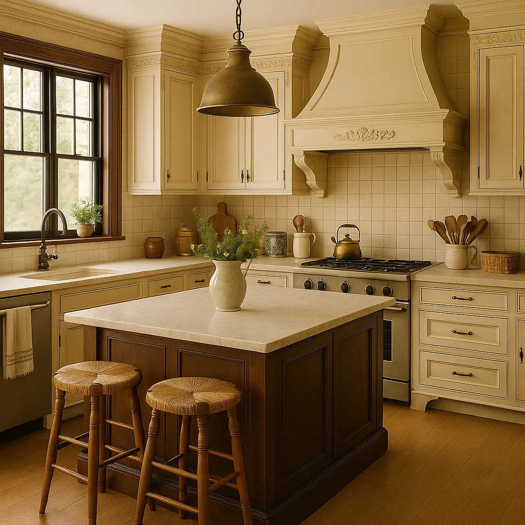Traditional kitchen concept with warm wood and detailed cabinetry.