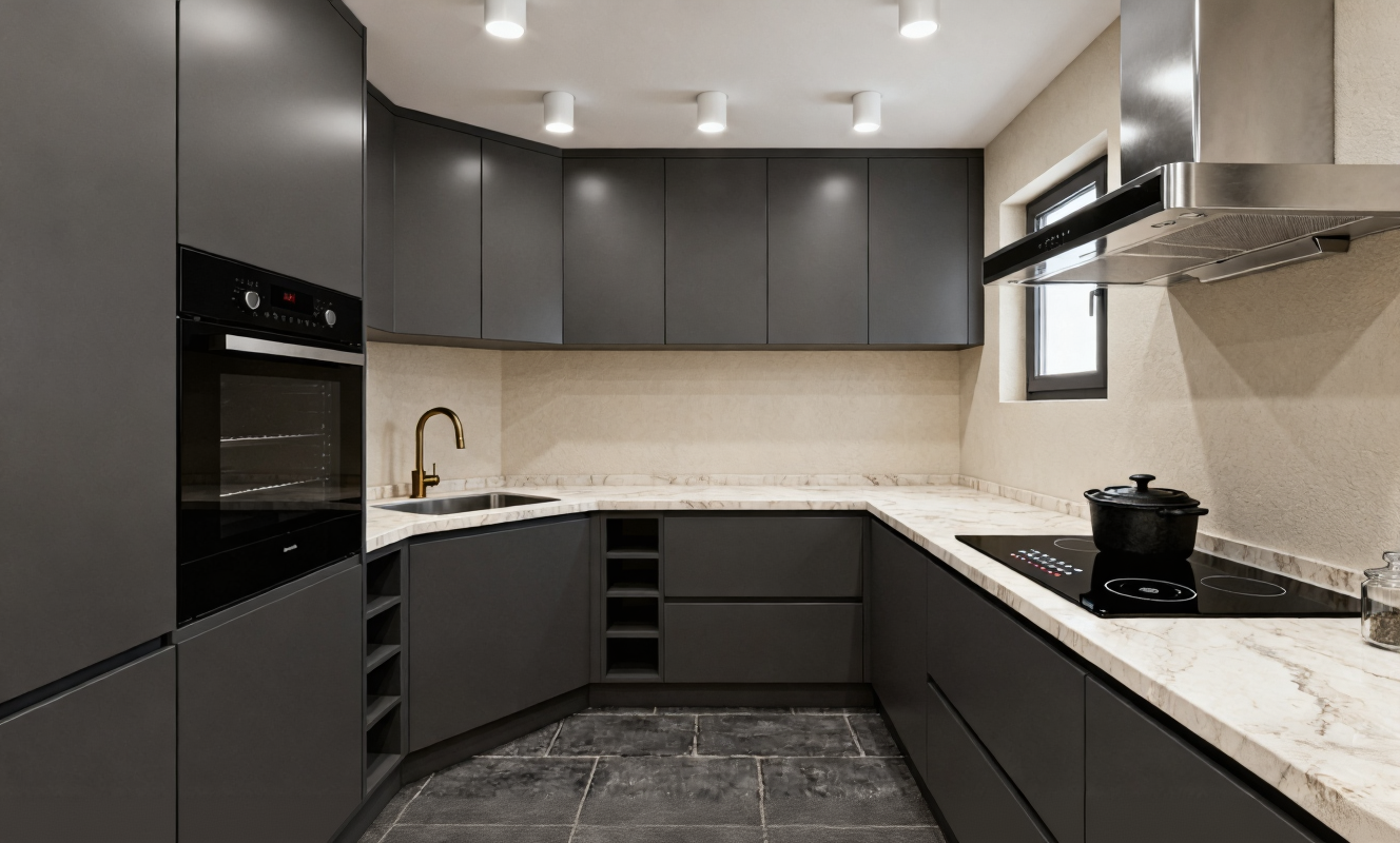 Charcoal kitchen cabinets with pale marble countertops and backsplash.